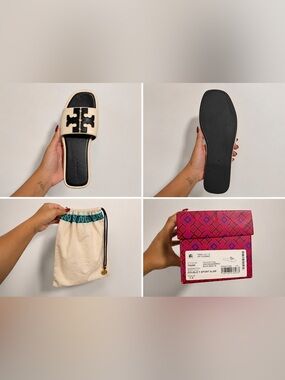 Tory Burch Cream and Black Double-T Slide Sandal